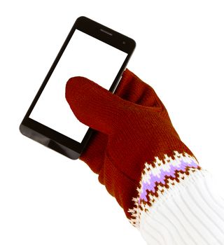 cellphone with white-red mittens isolated on white background.