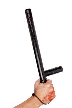 Bloody hand holding black rubber police baton with blood splats - isolated on white background. Natural human arm and blood used.,