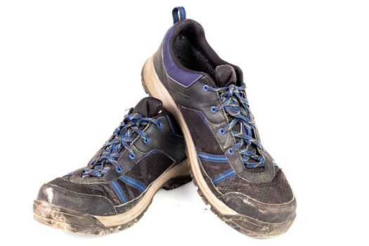 dirty used worn out black and blue outdoor empty clean lightweight waterproof sneakers isolated on white background