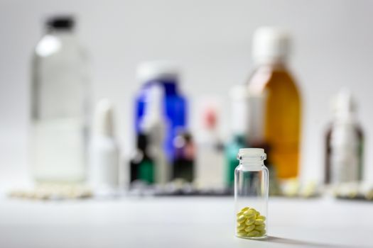 Small glass bottle with yellow gloss tablets on blurred meds background with selective focus .