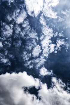 Beautiful sky with blue fluffy clouds outdoors