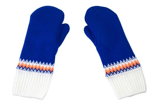 blue and white knited mittens isolated on white background.