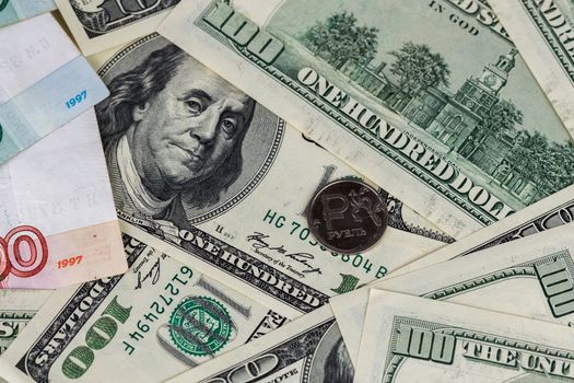 us dollars and russian rubles close-up background with selective focus.