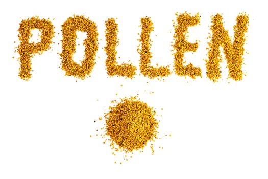 letters and small heap of bee pollen granules isolated on white background in flat lay composition