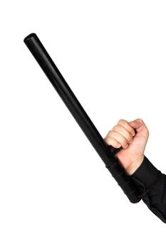 hand in black shirt with black rubber police baton isolated on white background.