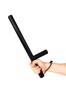 bare hand with black rubber police baton isolated on white background.