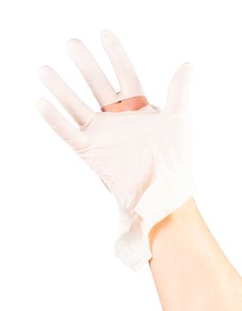broken white latex surgeon medical glove on caucasian hand isolated on white background.