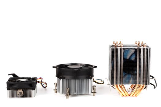 cpu cooler evolution for 10 years - nhree untis standing isolated on white background.