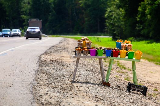 Roadside mushroom sale with selective focus and blurry forest background. Daytime with sunny weather.