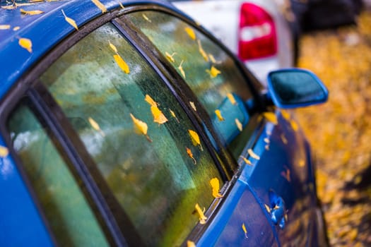 wet blue car side at cloudy daylight with autumn leaves and selective focus