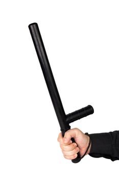 hand in black shirt with black rubber police baton isolated on white background.