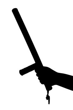 a black and white silhouette of bare hand with rubber police baton isolated on white background.
