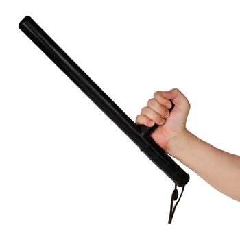 bare hand with black rubber police baton isolated on white background.