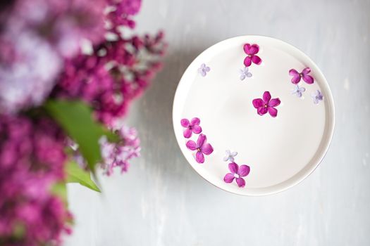 Five-pointed lilac flower among lilac flowers in a cup with water. Spa ritual. Lilac branch with a flower with 5 petals.