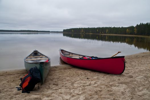 Canoes at a lake in North-Karelia, Finland