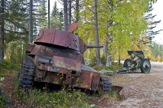 Wreckage of a tank from the Winter War near Suomussalmi, Finland.