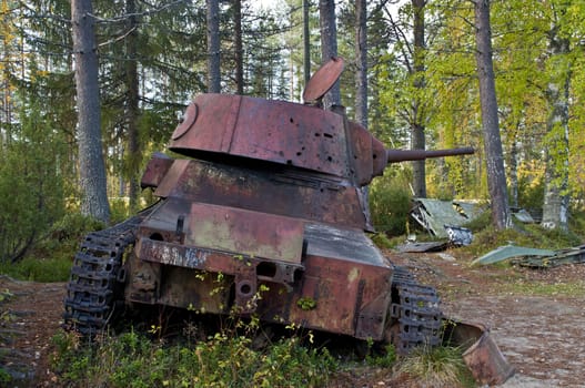 Wreckage of a tank from the Winter War near Suomussalmi, Finland.