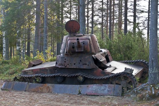Wreckage of a tank from the Winter War near Suomussalmi, Finland.