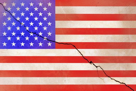 USA flag painted on cracked wall after earthquake disaster - flat texture.