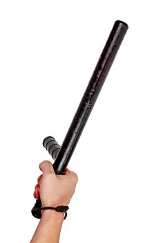 Bloody hand holding black rubber police baton with blood splats - isolated on white background. Natural human arm and blood used.,