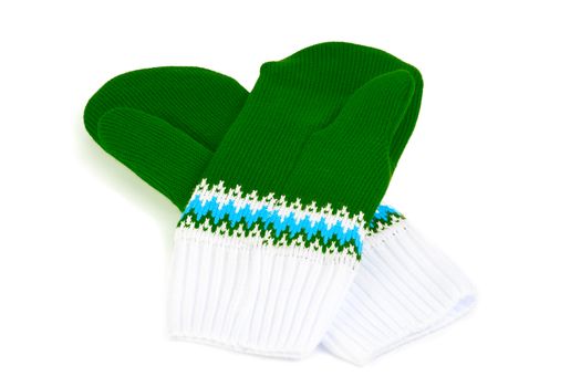 green and white knited mittens isolated on white background.