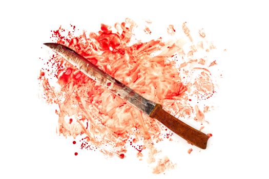 bloody old long knife on human blood splatter isolated on white background in flat lay top-down pwerspective.