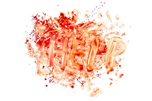 blood splatter with word HELP isolated on white background in top-down flat lay perspective.
