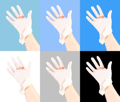 a set of broken white latex surgeon medical glove on caucasian hand isolated on differend monocolor backgrounds.