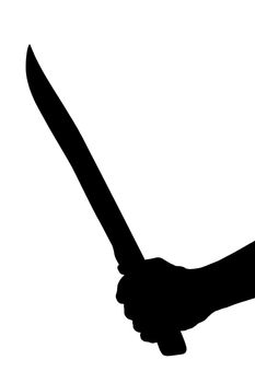 a black and white silhouette of human hand holding old long bloody kitchen knife.