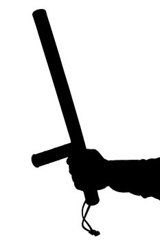a black and white silhouette of hand in shirt with rubber police baton isolated on white background.