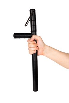 bare hand with black rubber police baton isolated on white background.