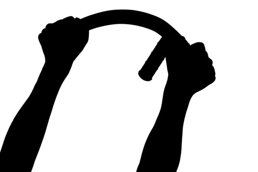 a black and white silhouette of two arms bending rubber police baton isolated on white background.