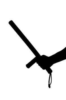 a black and white silhouette of bare hand with rubber police baton isolated on white background.