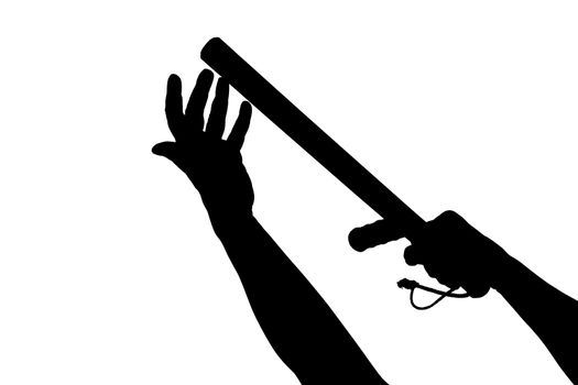a black and white silhouette of two arms holding rubber police baton isolated on white background