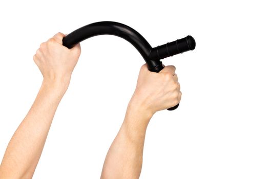 two white arms bending black rubber police baton isolated on white background.
