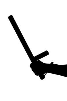 a black and white silhouette of bare hand with rubber police baton isolated on white background.