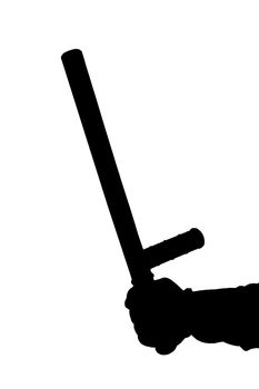 a black and white silhouette of hand in shirt with rubber police baton isolated on white background.