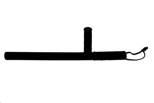 a black and white silhouette classic rubber police baton with lanyard isolated on white background. Flat lay top-down view.