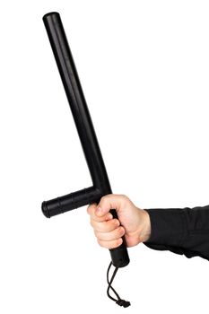 hand in black shirt with black rubber police baton isolated on white background.