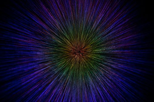 natural lens zoom explosion radial gradient color blurred dots on black background with selective focus.