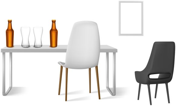 beer glasses and bottle on a table with chairs beside