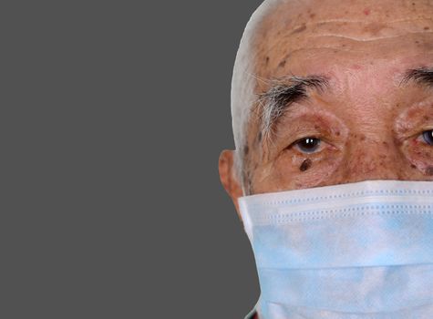 Portrait of an asian senior man, 80 years old wearing medical mask. A concept of the danger of coronavirus covid-19 pandemic for the elderly.