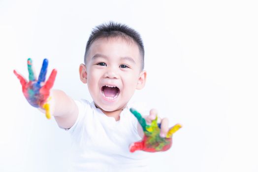 Portrait of Asian happy little baby boy happy face show hand he has watercolor or finger paint on hands the photography in the studio on with background, Baby 2-3 years