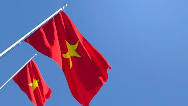 3D rendering of the national flag of Vietnam waving in the wind against a blue sky