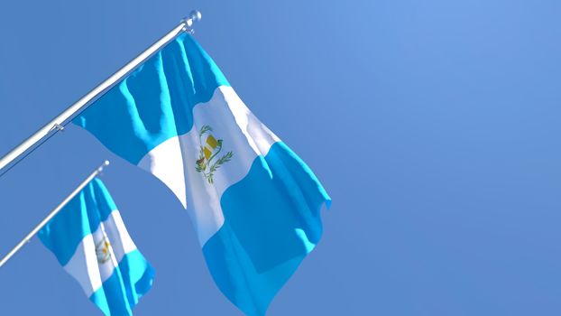 3D rendering of the national flag of Guatemala waving in the wind against a blue sky