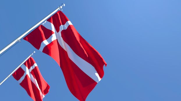 3D rendering of the national flag of Denmark waving in the wind against a blue sky