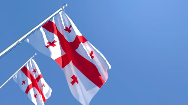 3D rendering of the national flag of Georgia waving in the wind against a blue sky