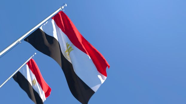 3D rendering of the national flag of Egypt waving in the wind against a blue sky