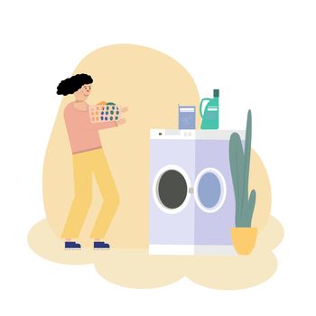 Illustration of a Girl Placing Laundry in a Washing Machine at a Laundromat.