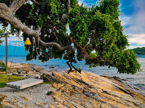 Swings tied on a tree beside the rocky shore of the sea